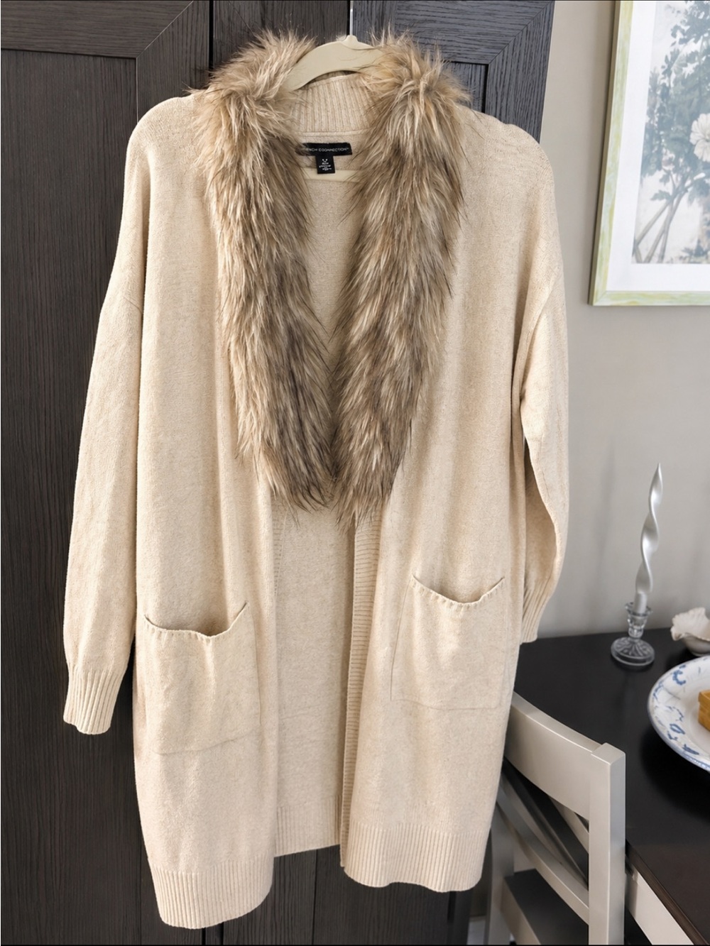 Saks Fifth Avenue Cream Open-Front Cardigan with Faux Fur Trim